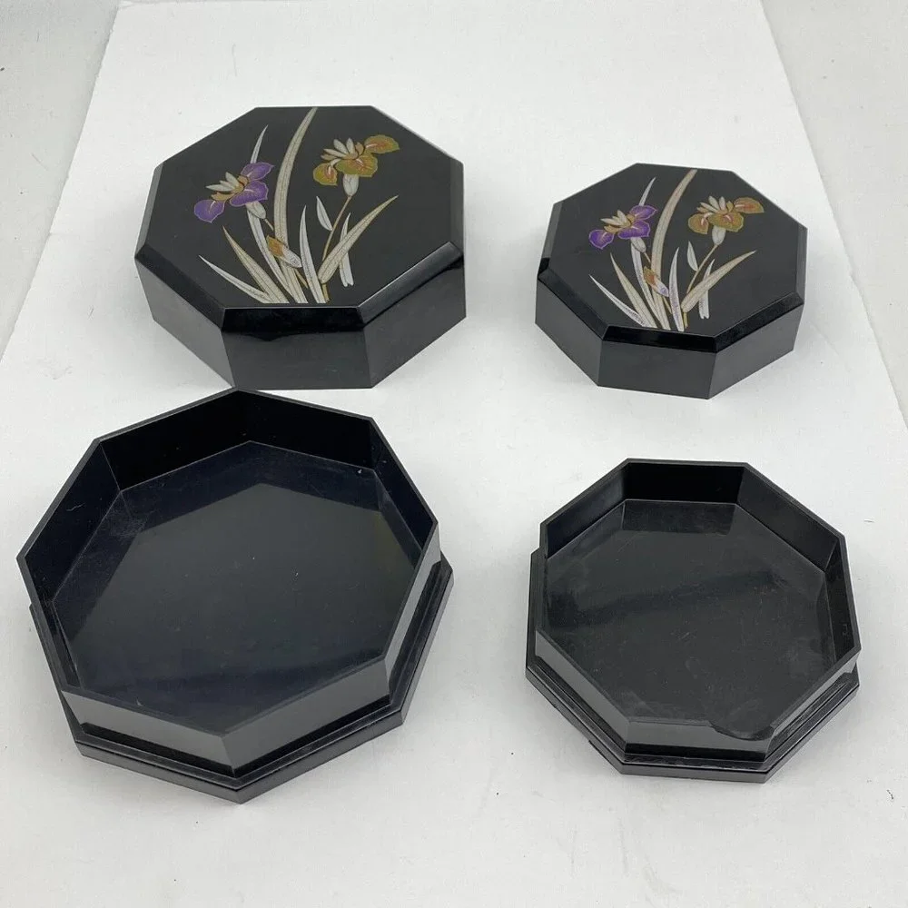 VTG Yamanaka Japan Lacquerware Nesting Boxes‎ Black Floral Trinket 2pc 70s *flaw